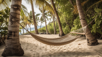 A secluded hammock between two palm trees, inviting relaxation