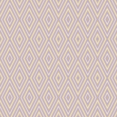 Vector geometric seamless pattern. Abstract graphic background with diamonds, rhombuses, grid. Lilac, gold and beige color. 1970s - 1980s style ornament. Repeat retro vintage geo design for decor