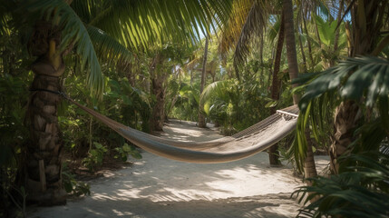 Fototapeta na wymiar A secluded hammock between two palm trees, inviting relaxation