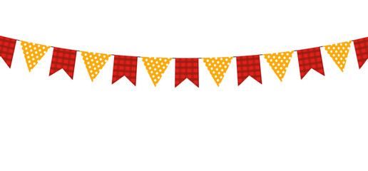 Obraz premium red and yellow flags with prints, different shapes hanging from a rope, party, festival