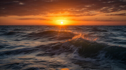 Obraz premium Breathtaking sunset over the ocean, with vibrant colors on the horizon