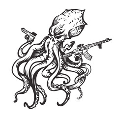 Kraken octopus gangster with guns in his tentacles. Ink engraved style, vector illustration © Galina