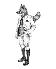 Vector hand drawn Fox like a gentleman in traditional cloth. Ink engraved style