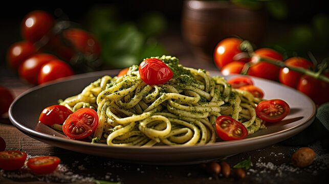 illustration of a pasta with pesto dish - AI generated image.