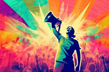 A powerful megaphone raised high, proclaiming messages to captivated crowds, illustration.