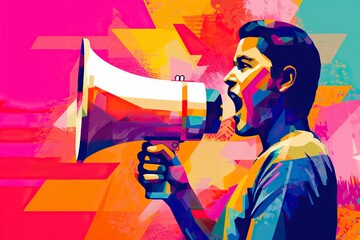 A powerful megaphone raised high, proclaiming messages to captivated crowds, illustration. - obrazy, fototapety, plakaty