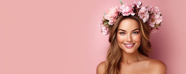 A stunning model embraces her femininity with an enchanting flower crown.