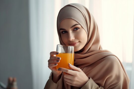 Muslim woman enjoys an orange juice.
