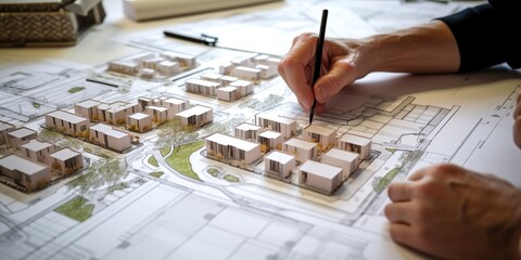 visionary sketch of a sustainable residential area, blending modern design and eco-friendly concepts. Ai generated.