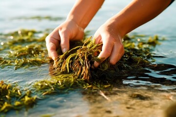gathers nutrient-rich green algae from the seashore, embracing the sustainable tradition of coastal foraging. Ai generated.