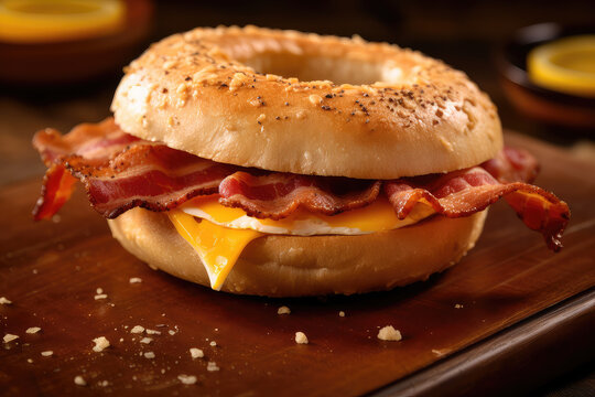 Egg bacon and cheese bagel sandwich