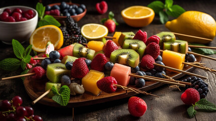 A platter of refreshing fruit kebabs, featuring a variety of colorful fruits threaded onto skewers,