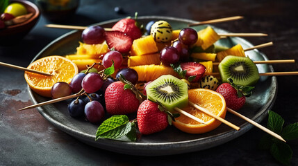Fototapeta na wymiar A platter of refreshing fruit kebabs, featuring a variety of colorful fruits threaded onto skewers,