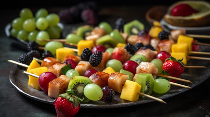 A platter of refreshing fruit kebabs, featuring a variety of colorful fruits threaded onto skewers,