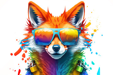 Cartoon colorful fox with sunglasses on white background. Created with generative AI
