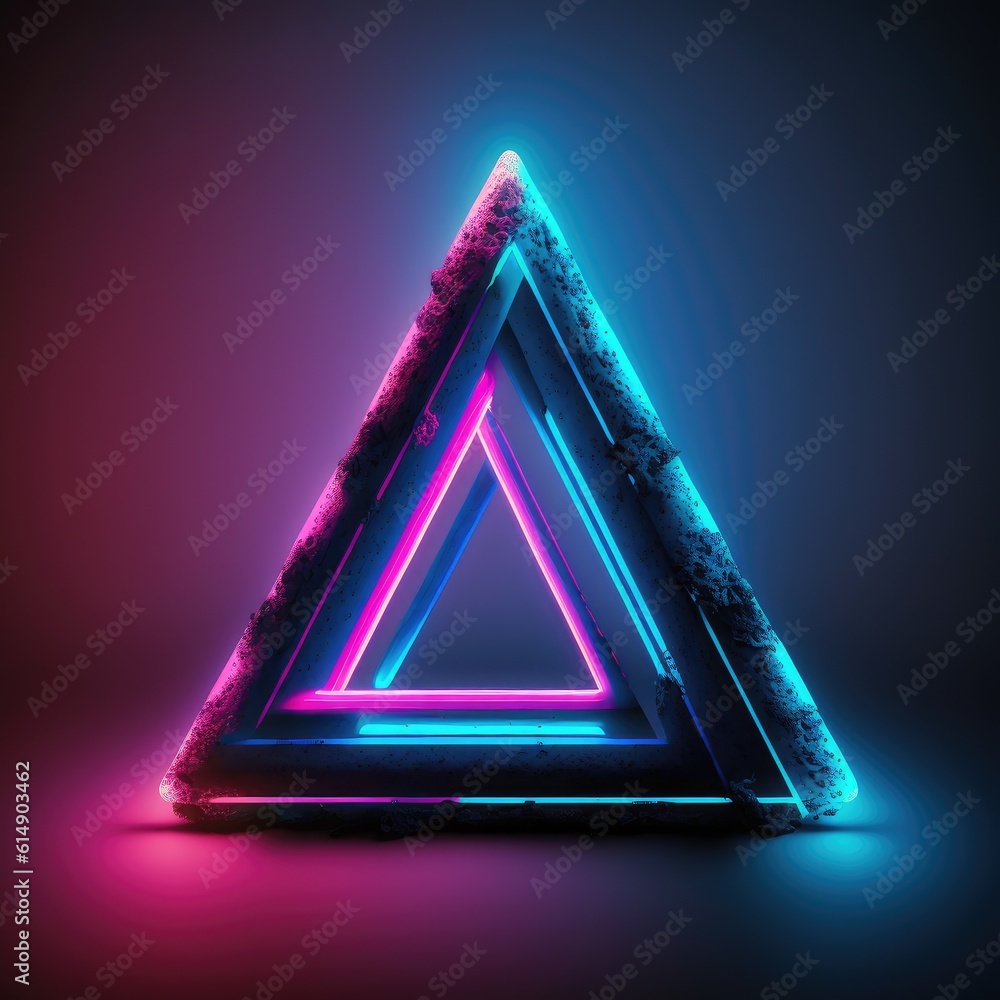 Poster overlapped lightning neon magical triangle effecting on black background. reflection of glowing digi