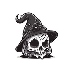 Enigmatic Charm: A Black and White Skull Illustration with a Witchs Hat