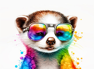 Cartoon colorful ferret with sunglasses on white background. Created with generative AI
