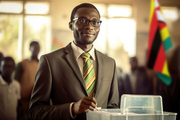 Fototapeta premium Smiling cheerful young adult african american ethnicity man looking at camera standing at home office background. Happy confident black guy posing for headshot face front close up portrait