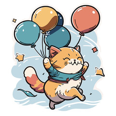Naklejka premium Flying Feline Adventures: A Playful Cat with Balloons