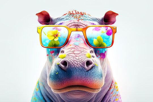 Cartoon colorful hippopotamus with sunglasses on white background. Created with generative AI