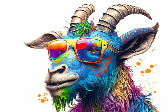 Cartoon colorful goat with sunglasses on white background. Created with generative AI