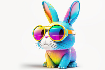 Obraz na płótnie Canvas Cartoon colorful rabbit, hare with sunglasses on white background. Created with generative AI
