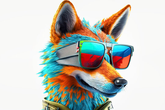 Cartoon colorful wolf with sunglasses on white background. Created with generative AI