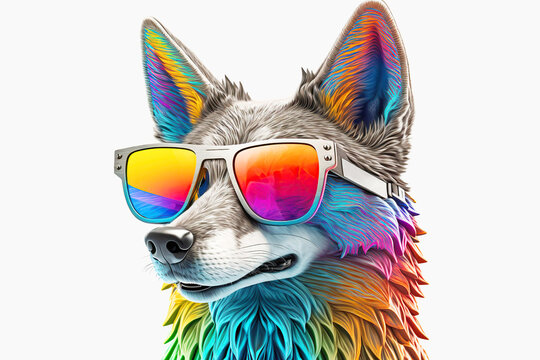 Cartoon colorful wolf with sunglasses on white background. Created with generative AI