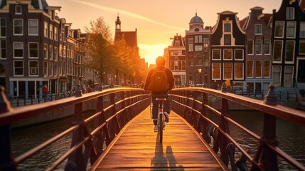 Fototapeta na wymiar Bike Ride In Amsterdam At Sunset