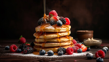 A homemade blini stack with raspberry syrup and fresh berries generated by AI