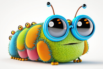 Cartoon colorful caterpillar with sunglasses on white background. Created with generative AI