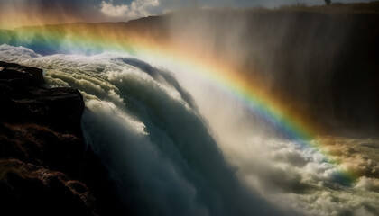 A majestic rainbow sprays multi colored beauty over the landscape generated by AI
