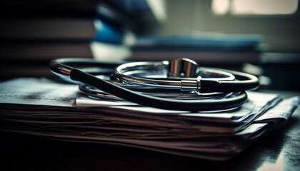 Expert cardiologist uses stethoscope to diagnose illness on paperwork generated by AI