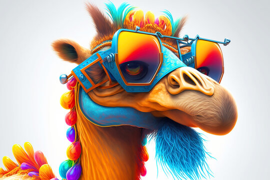 Cartoon colorful camel with sunglasses on white background. Created with generative AI