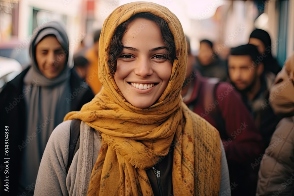 Poster pretty, beautiful, very attractive middle eastern young woman looking at the camera posing at an Arab city market.