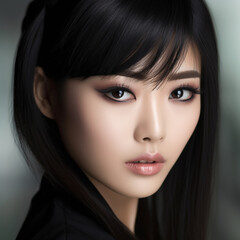 Portrait of beautiful asian woman with professional makeup and hairstyle. Close-up face of attractive asian girl with black long straight hair and makeup, studio shot. 3d render. AI generated
