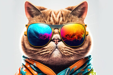 Cartoon colorful cat with sunglasses on white background. Created with generative AI