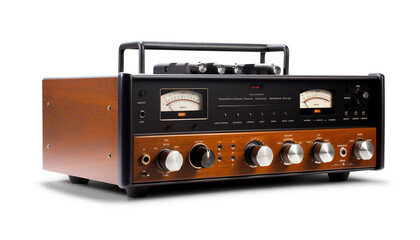 Obraz premium Antique tuner knob controls frequency on old fashioned broadcasting equipment generated by AI