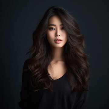 Close-up face of attractive asian girl with black long straight hair and natural  makeup, studio shot. Portrait of beautiful asian woman with professional makeup and hairstyle. Skin care. AI generated