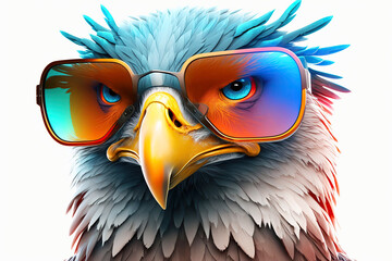 Cartoon colorful eagle with sunglasses on white background. Created with generative AI