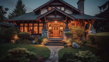 The luxury cottage modern design illuminates the comfortable summer dusk generated by AI