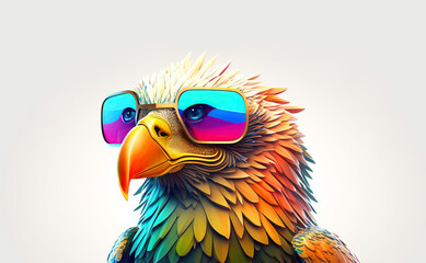Cartoon colorful eagle with sunglasses on white background. Created with generative AI