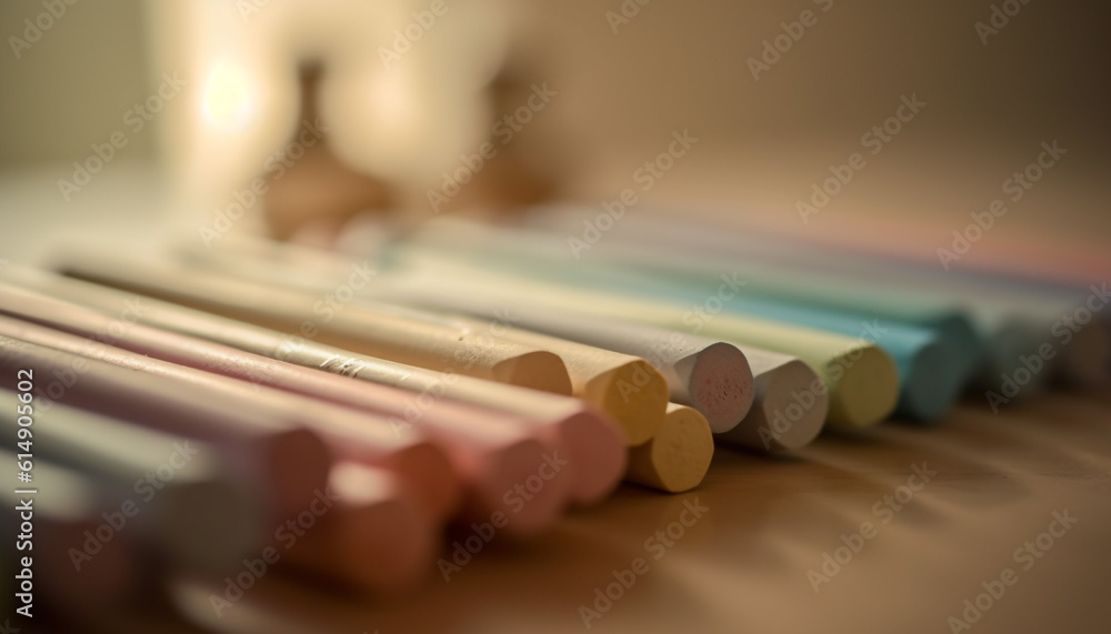 Poster a colorful stack of crayons in a row on table generated by ai