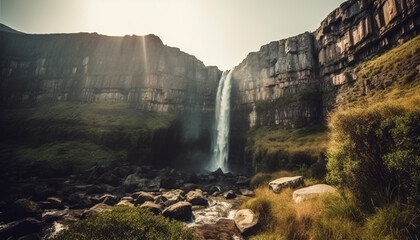 Fototapeta premium Majestic mountain range, tranquil scene, flowing water, natural beauty generated by AI