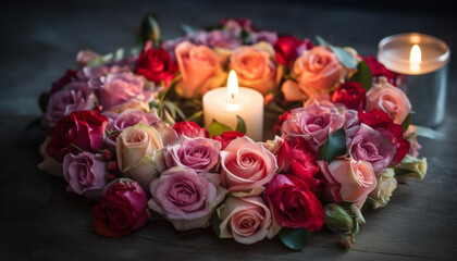 Fototapeta na wymiar A romantic candlelit bouquet of fresh flowers for a wedding celebration generated by AI