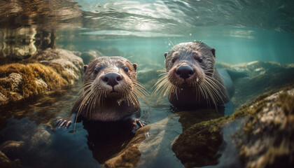 A playful seal looking at camera in tranquil arctic waters generated by AI