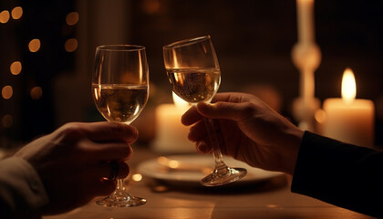 Obraz premium Two elegant adults toast with champagne flutes at a party generated by AI