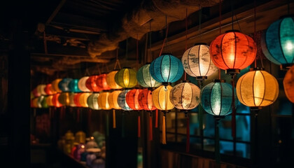 Vibrant paper lanterns illuminate traditional Chinese culture in Chinatown store generated by AI