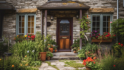 Rustic cottage with flower pots and green shutters welcomes summer generated by AI